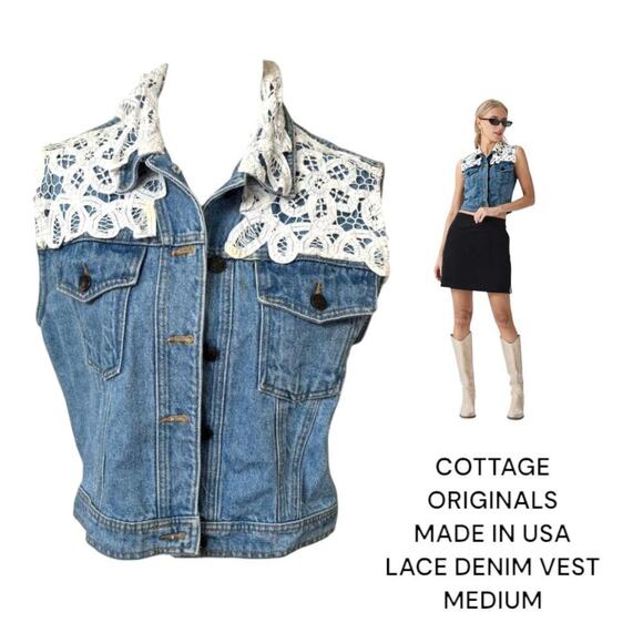 ADORABLE VINTAGE 90's Made in USA Cotton denim lace trim vest medium. - Picture 1 of 7